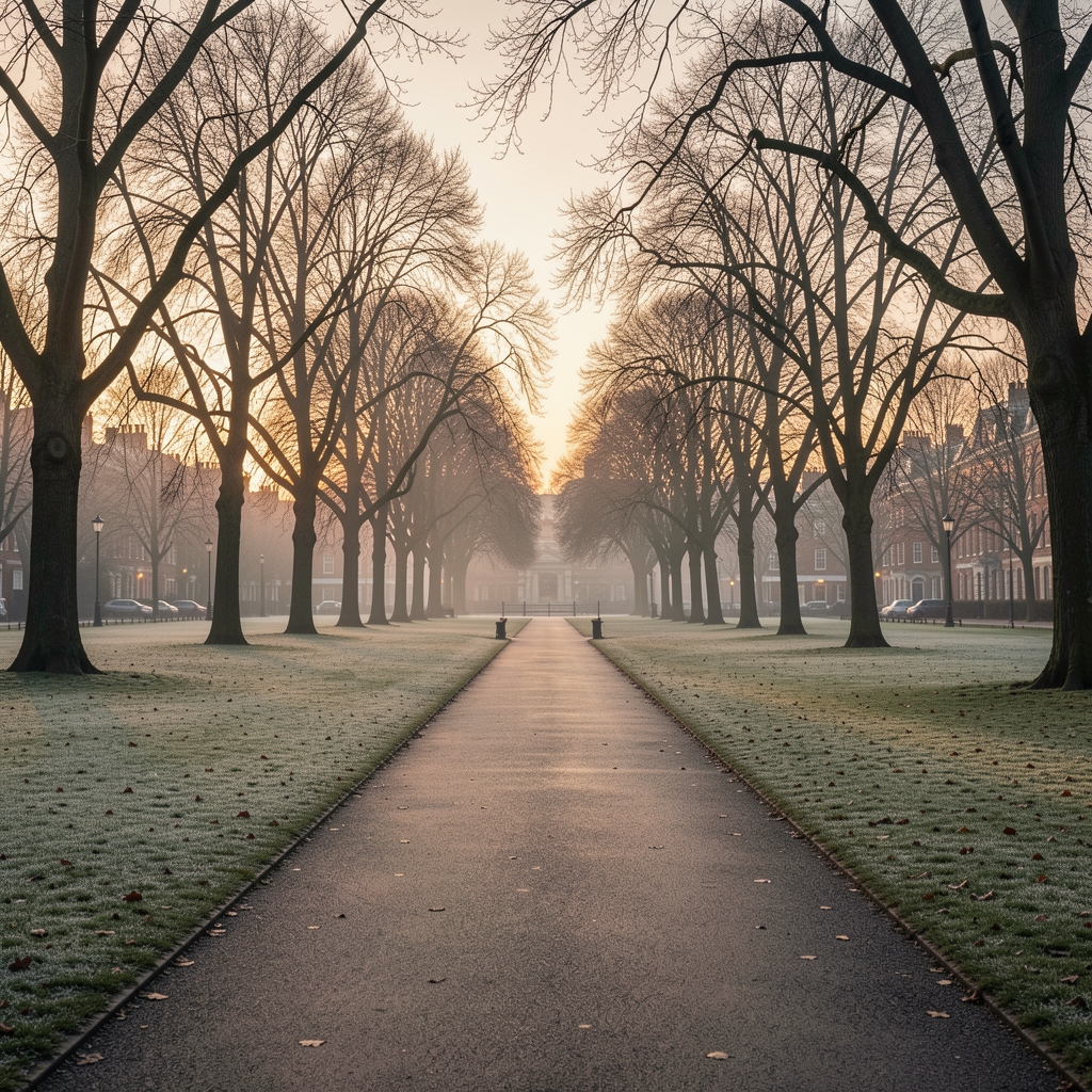 Wide view of a quiet London park at dawn, empty paths, dew on grass, trees in winter silhouette