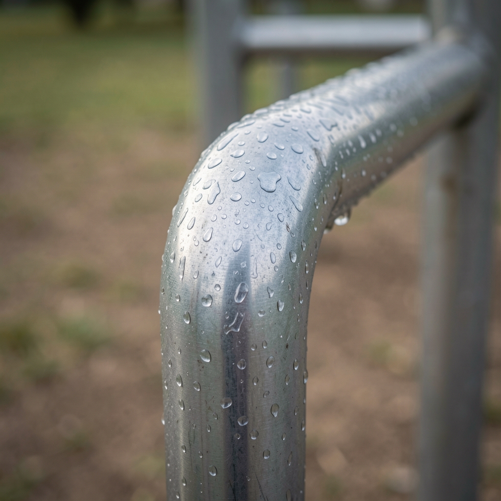 Close-up of weathered metal outdoor gym bar with morning condensation on the surface