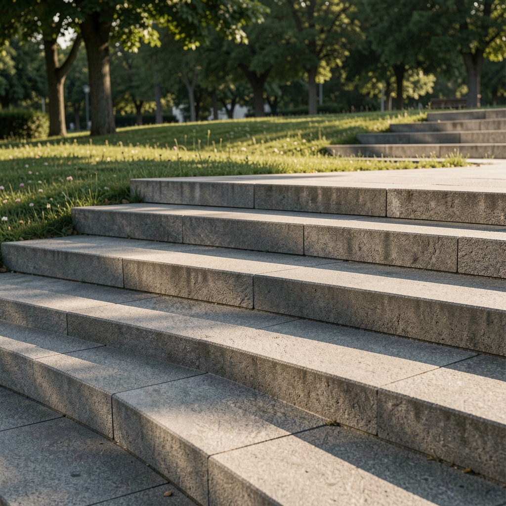 Concrete park steps in early morning light, no people, geometric shadows across grey stone