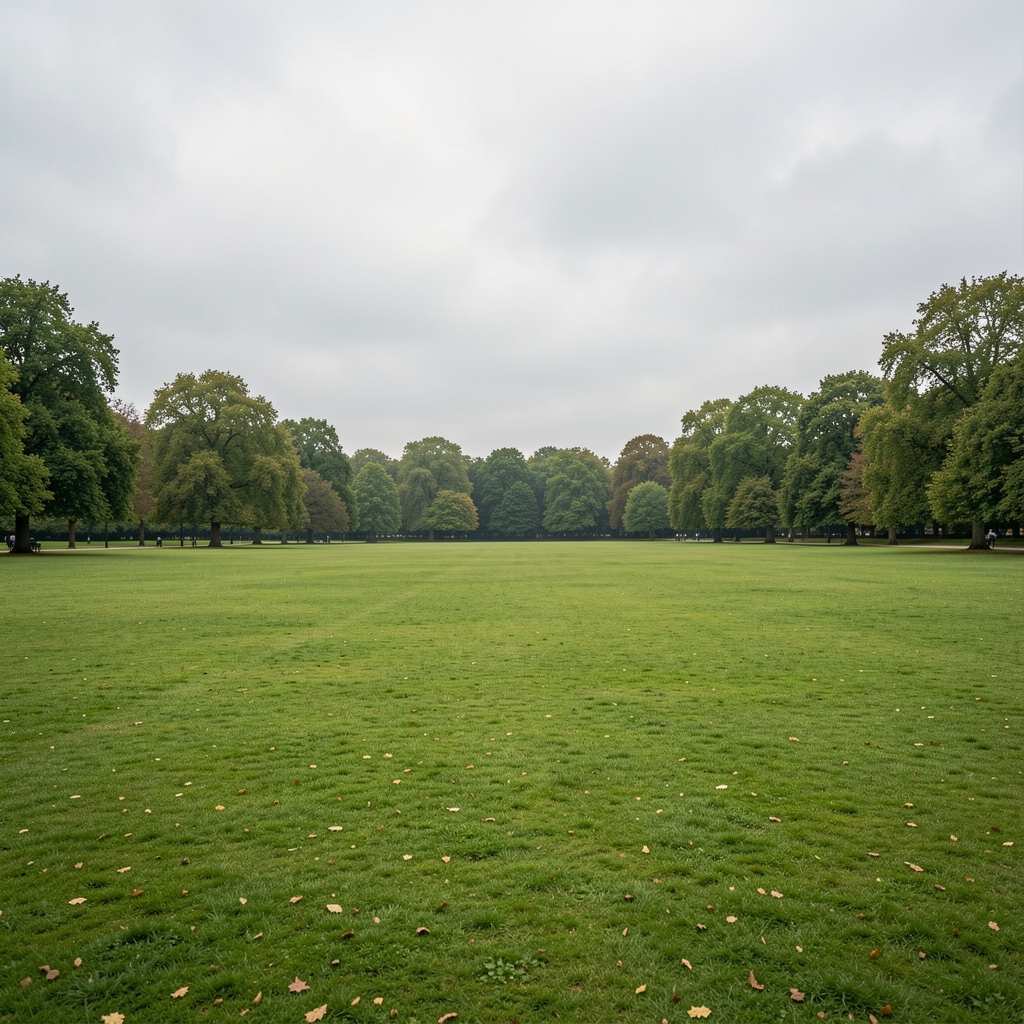 Open grass area of a London park, flat ground, distant treeline under overcast sky
