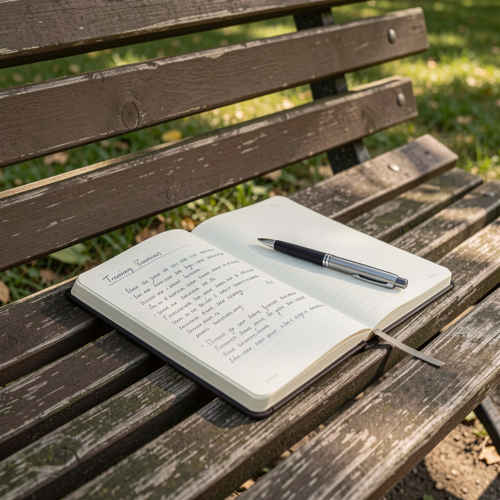 Notebook and pen on a park bench, handwritten training notes, natural daylight setting