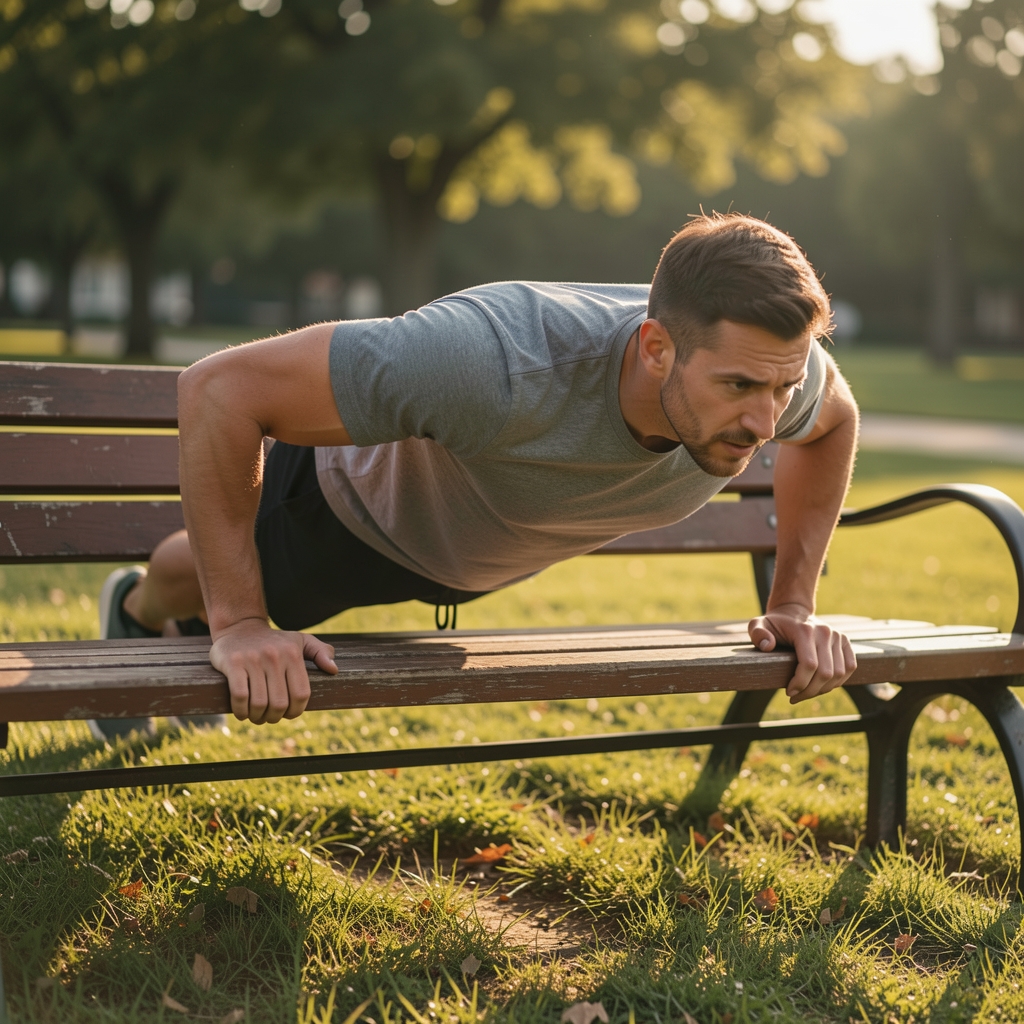 Man performing a push-up on a park bench, hands gripping the edge, morning light casting long shadows across grass