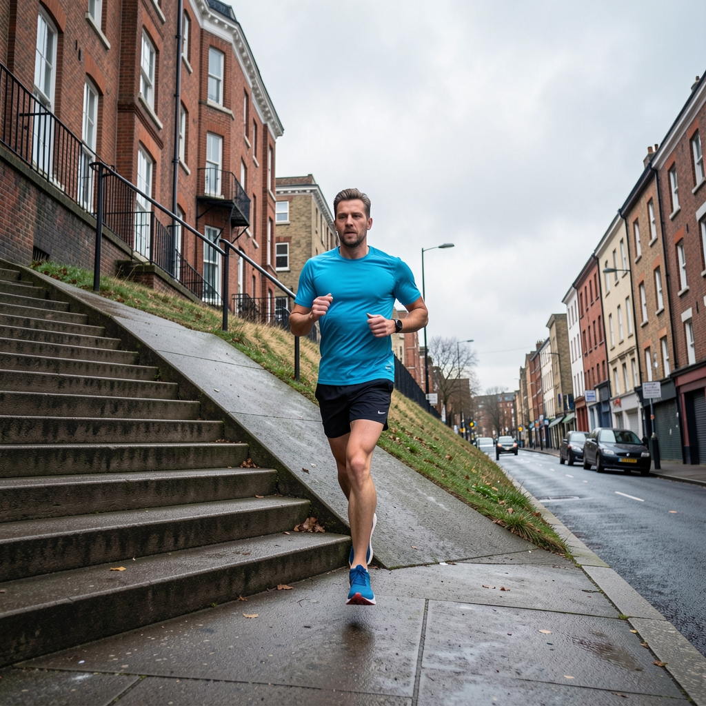 Runner ascending a steep urban hill, concrete steps visible on the left, overcast British sky, alone on the incline