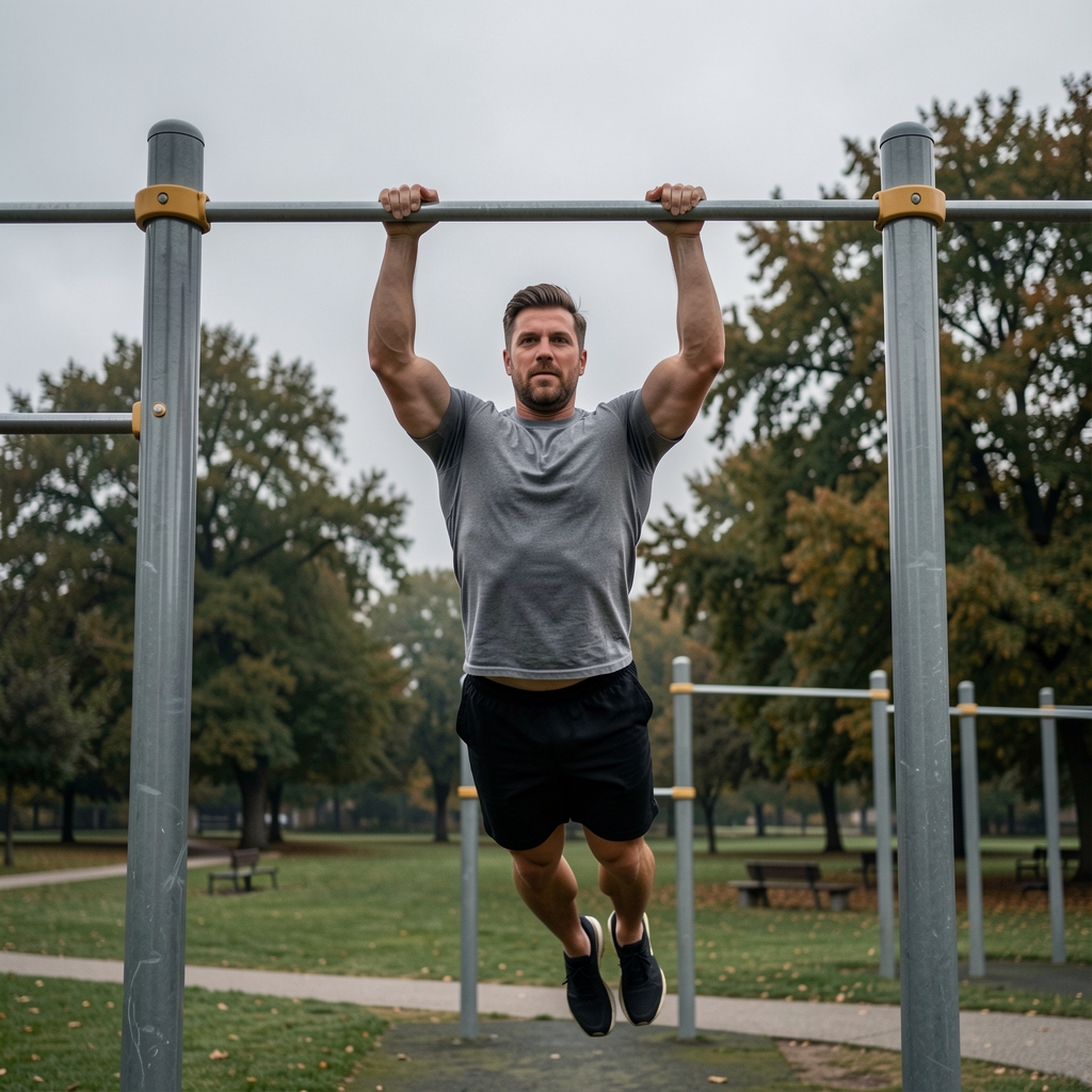 Man hanging from a metal horizontal bar at a public outdoor gym, park trees in background, grey morning sky