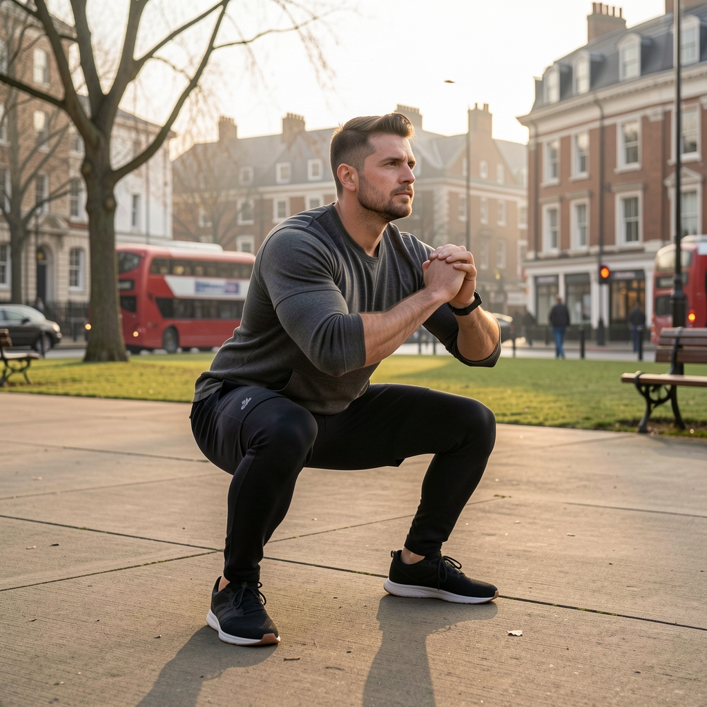 Man performing a bodyweight squat on a concrete park surface, early morning light, urban outdoor setting in London